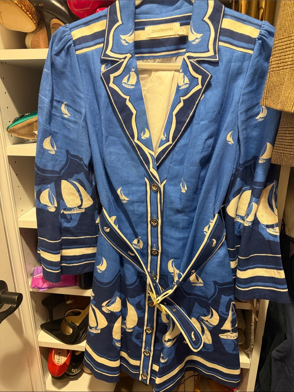 Zimmermann Blue boat Print Belted Shirt Dress - Picture 2 of 4